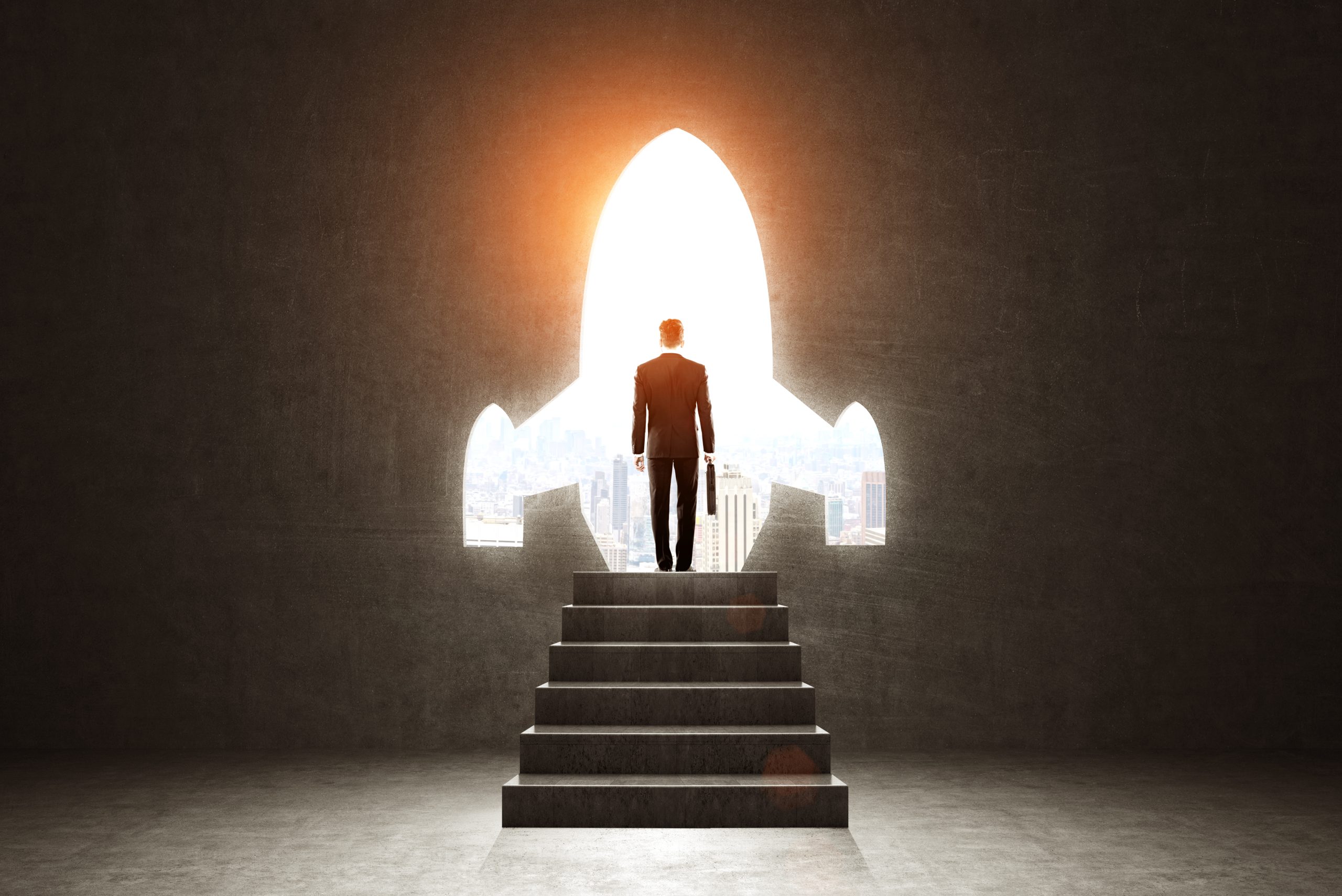 Businessman with a suitcase near plane shaped door